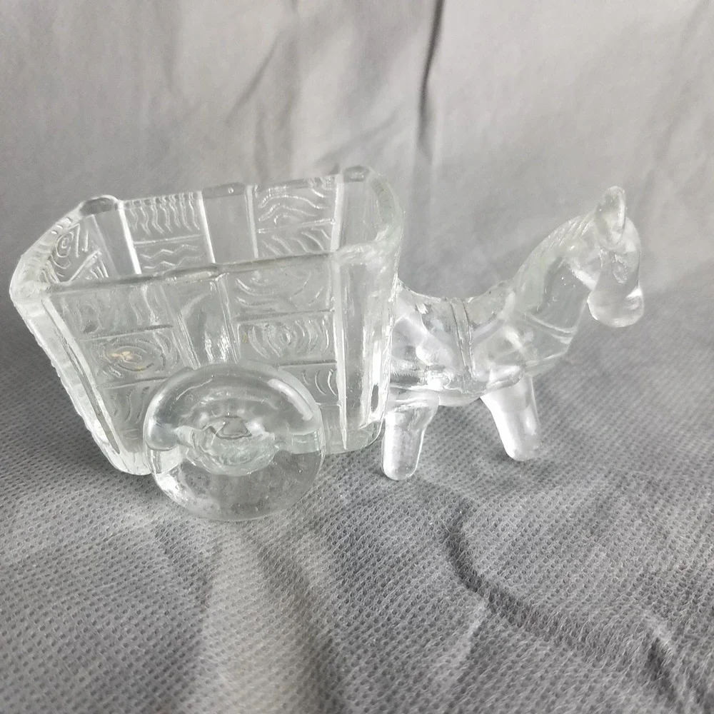 Vintage Clear Glass Donkey Cart Miniature Animal horse 4.75x2 planter candy dish